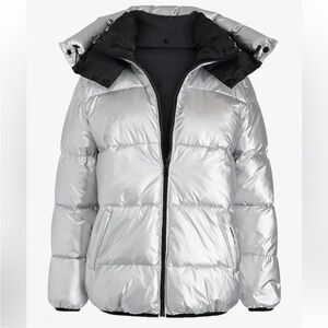 Express Metallic Silver and Black Reversible Hooded Puffer Coat Size XS